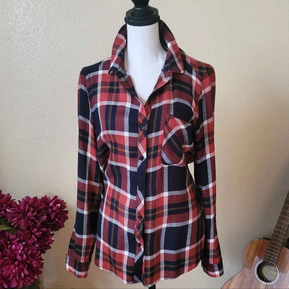 Fall Plaid Button Down Shirt - Orange, Black, White Size Medium Thanksgiving - Picture 1 of 9